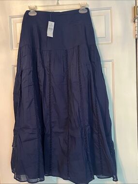 LOFT Navy Cotton A-Line Skirt with Crochet Paneling